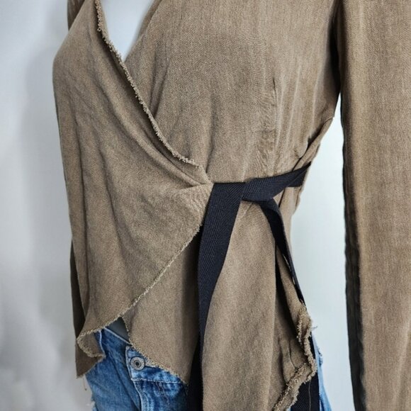 ZARA Woman Olive Green Loose Linen Jacket with Ribbon Tie Size XXS - Picture 5 of 14